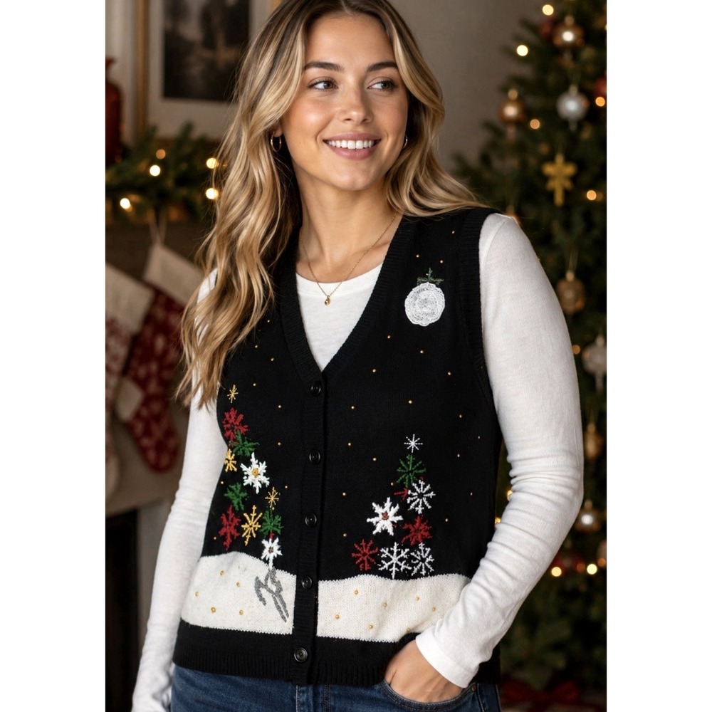 Christmas Sweater Vest Womens Size S Embroidered Deer Snowflake Tacky Ugly Party